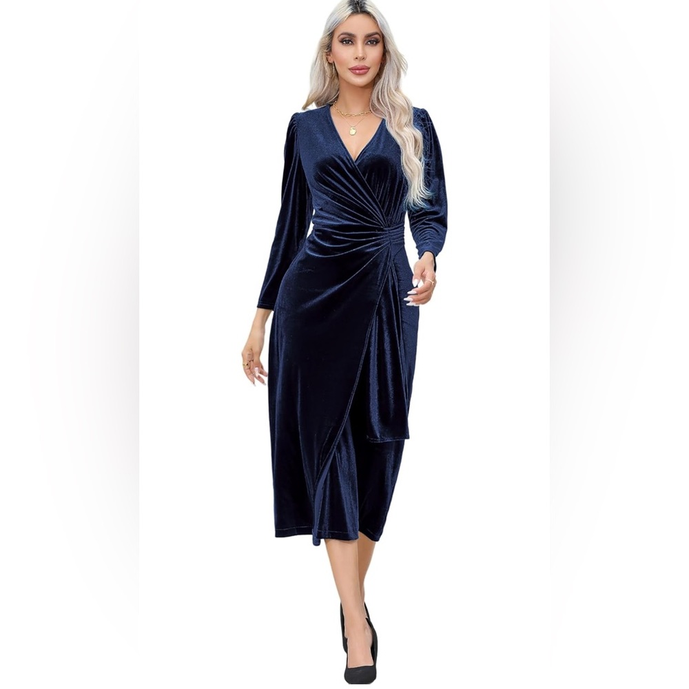 Blue Ruched Long Sleeve V-Neck Cocktail Gown Size XL